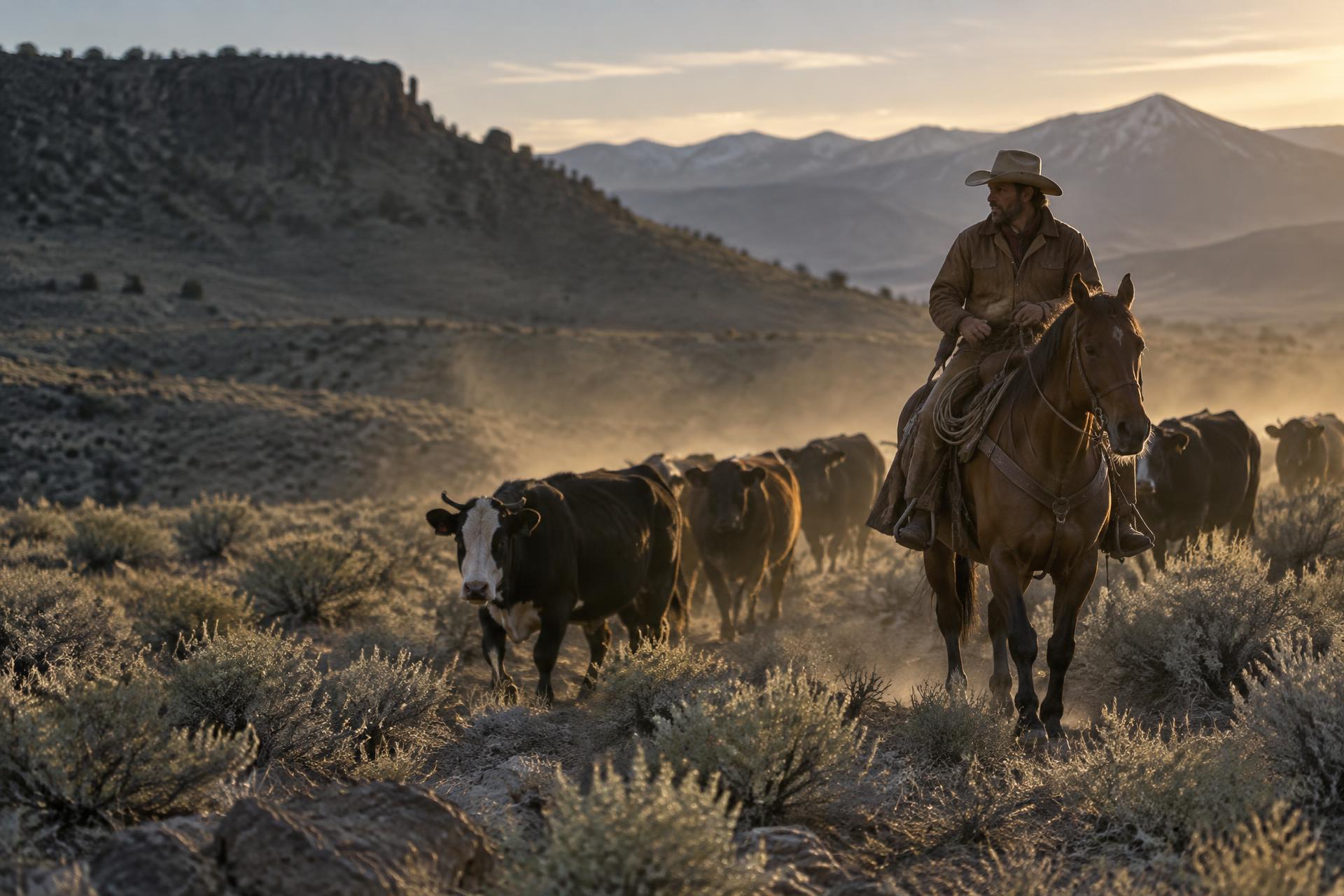 Cowboy moving cattle across open sage range